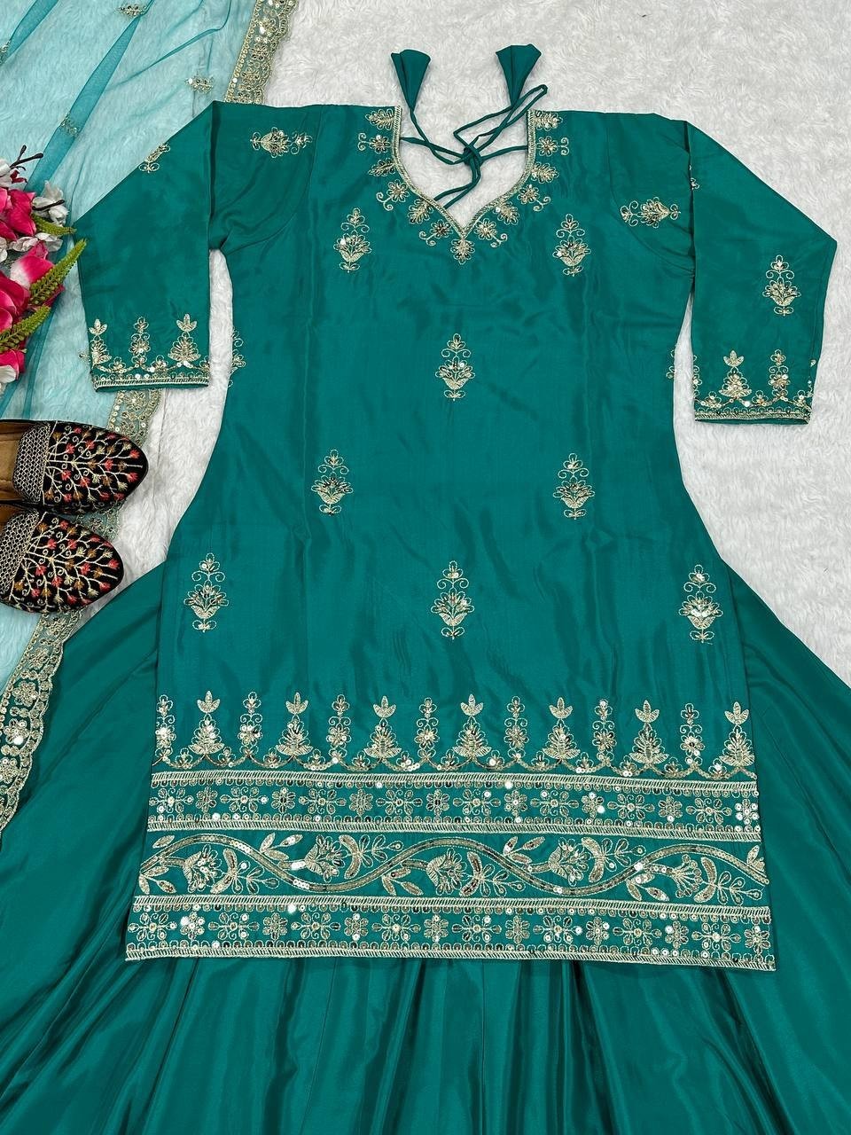 Presenting Teal Green Natural Crep Top Lehenga With Dupatta For Festival Wear