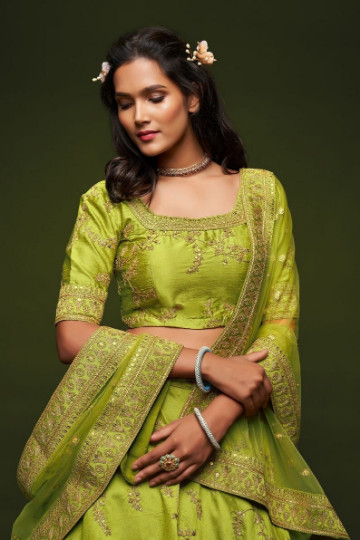 New Designer Lime Green Art Silk Lehenga Choli With Fancy Dupatta For Reception