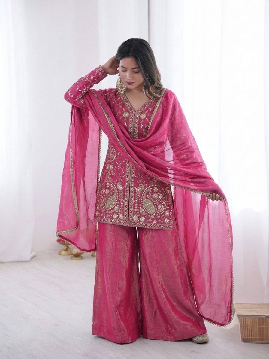 Designer Pure Silk Pink Top Palazzo With Dupatta For Indian Party Wear