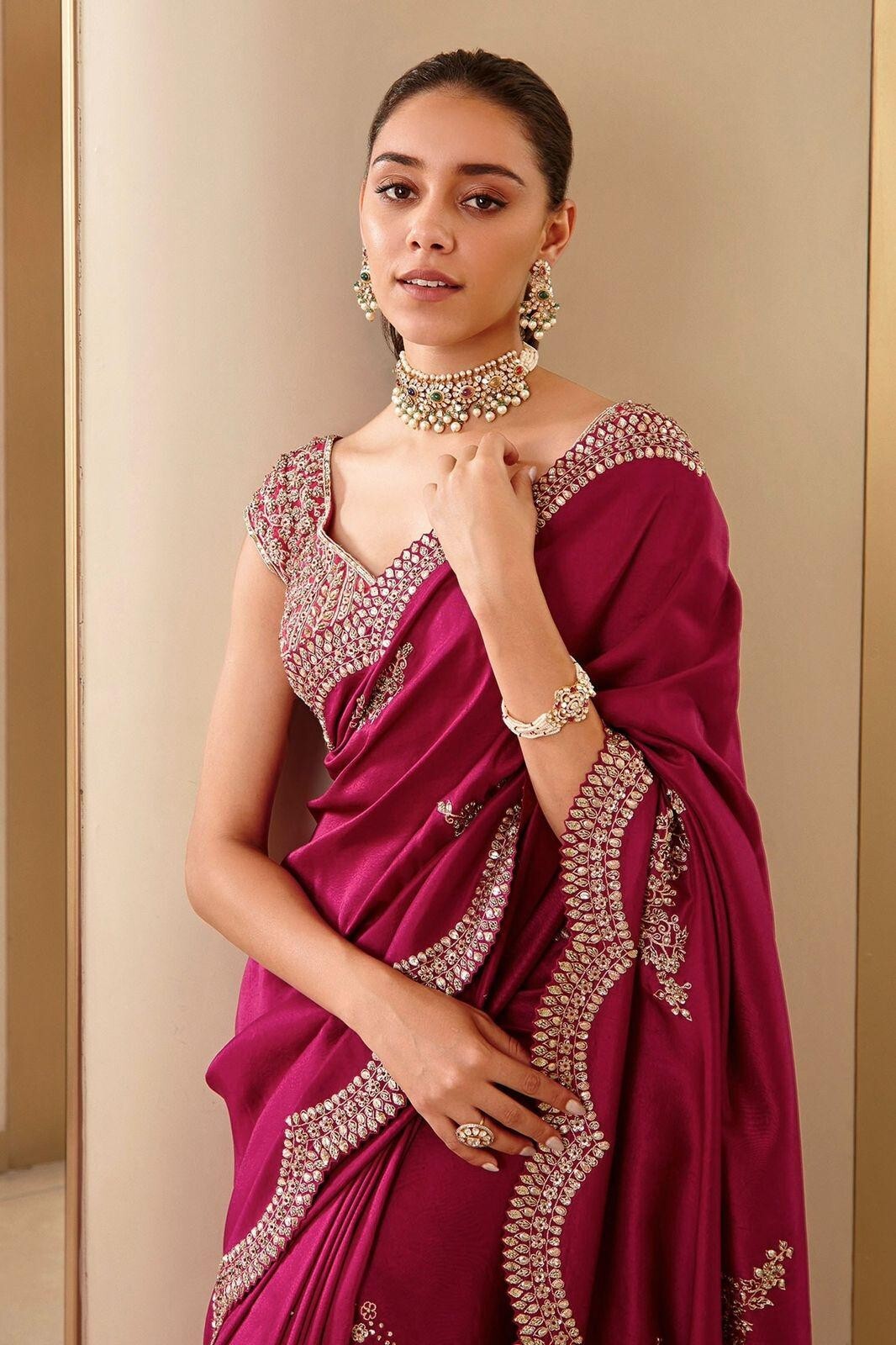 Cherry Red Vichitra Silk Saree with Embroidery & Sequins Work | Designer Blouse