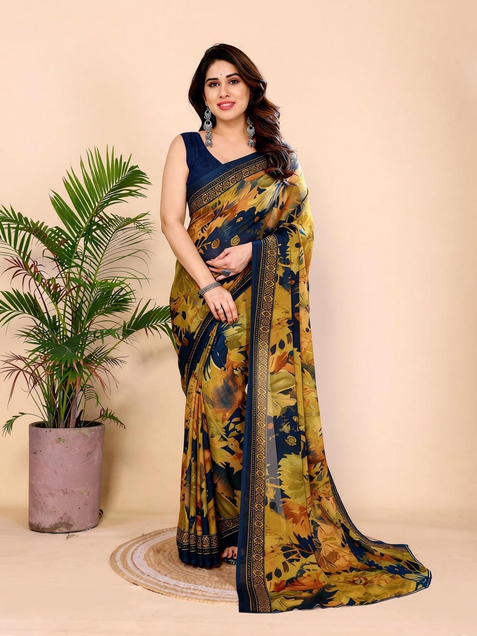 Floral Print Daily Wear Georgette Saree (Blue)