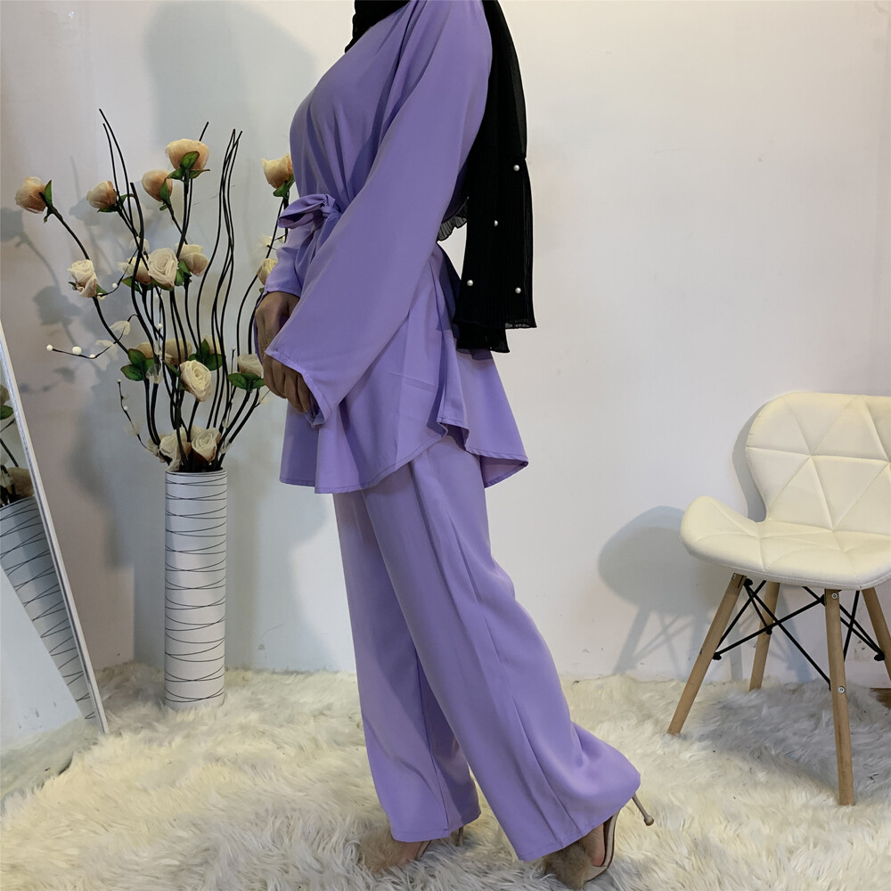Muslim Long Sleeve Top Pant 2pcs Set Abaya Women Kaftan Dress Islamic Clothing