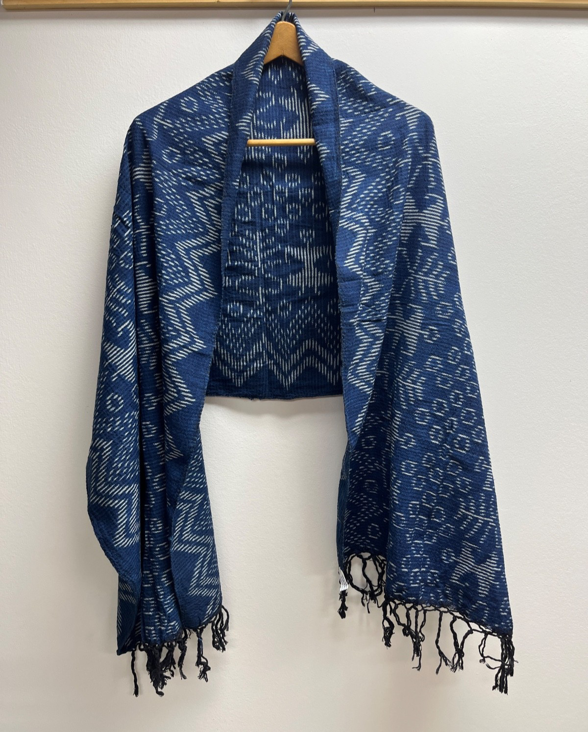 Vintage Guatemalan Hand Loomed Cotton Shawl Stole Perraje Rebozo, Blue, Fringed