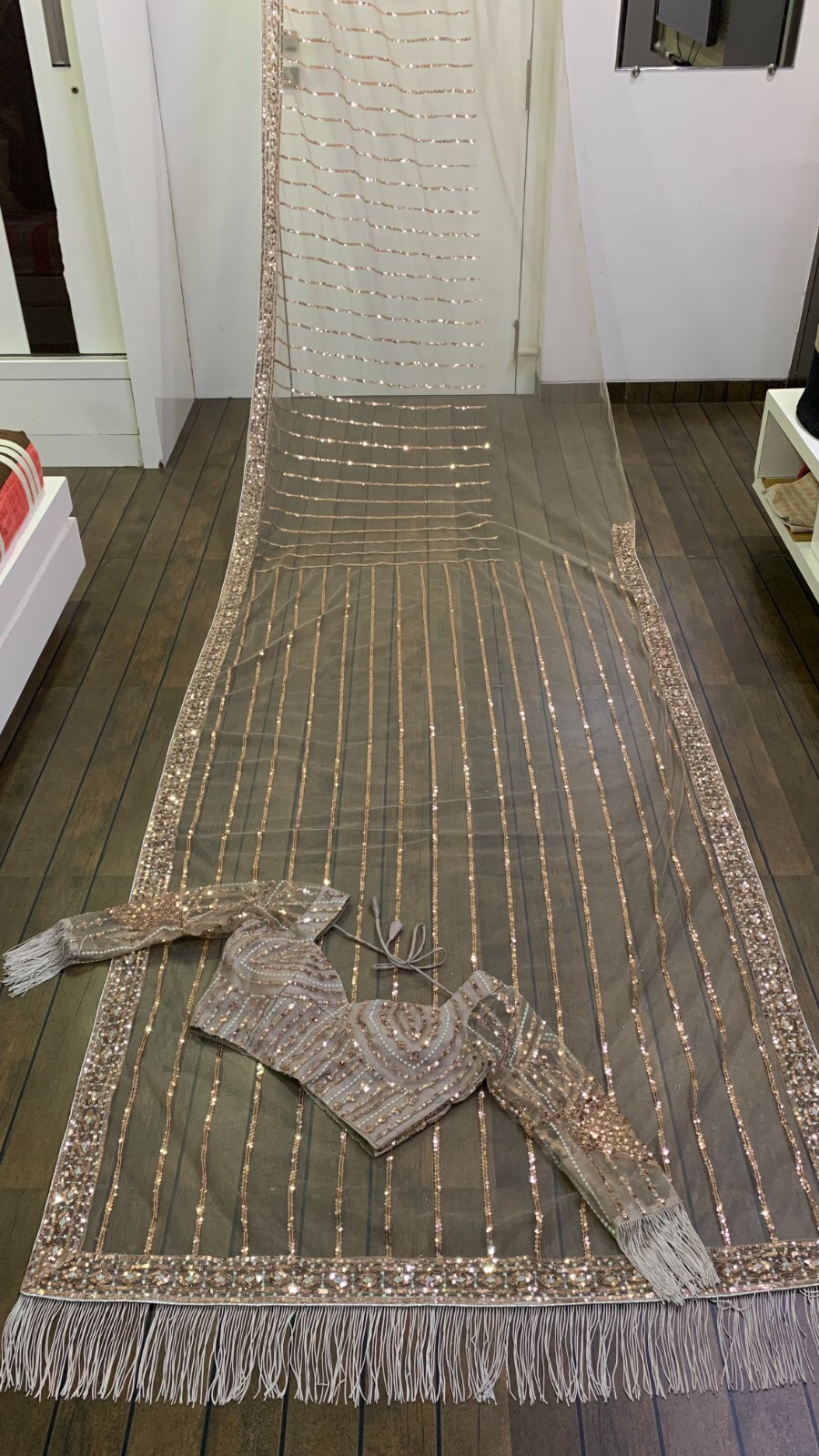 Indian Designer Net Fabric Saree With Beige Blouse For Reception Wear
