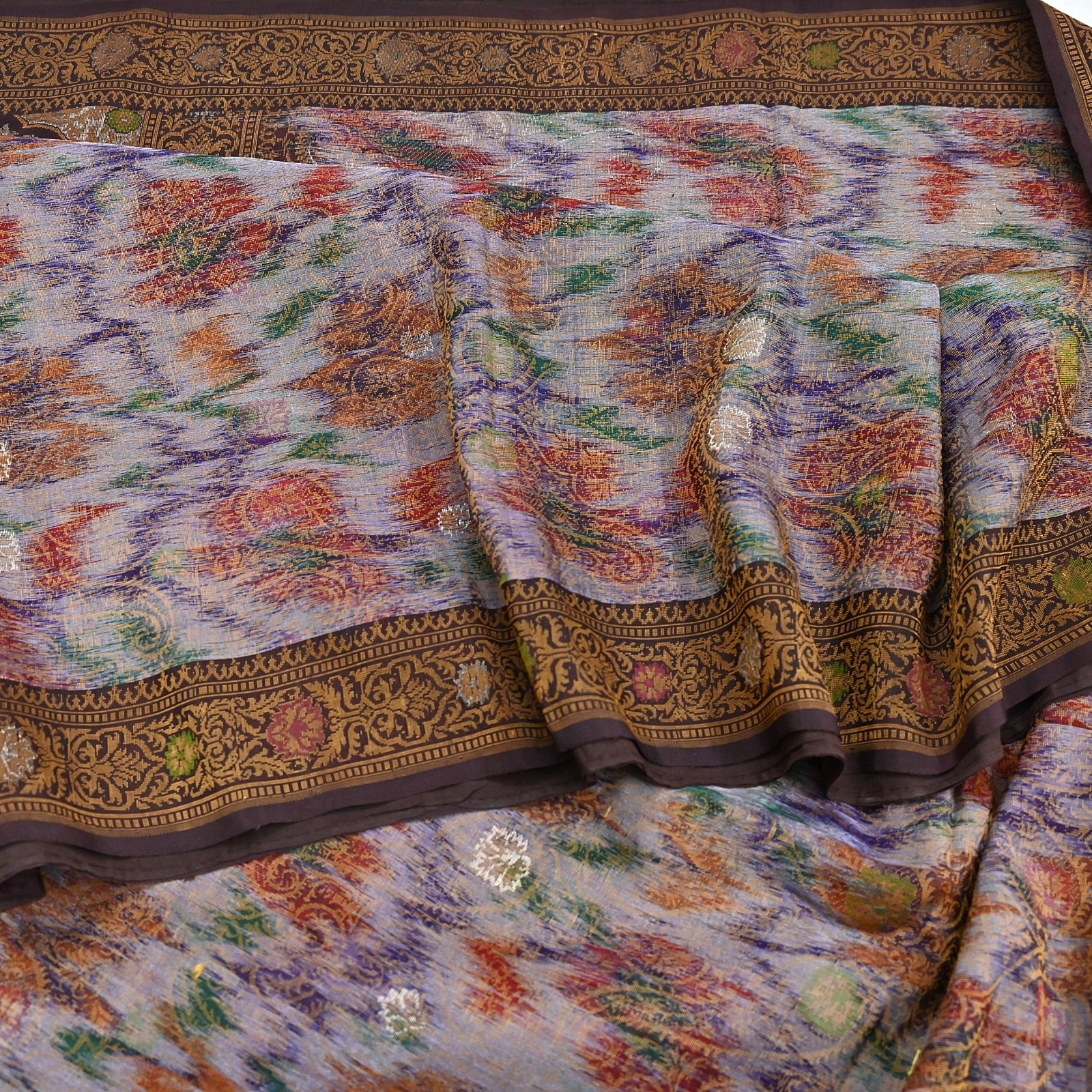 Indian Vintage Heavy Saree Brown & Multi 100% Pure Silk Hand Woven Ikat Sari 5yd