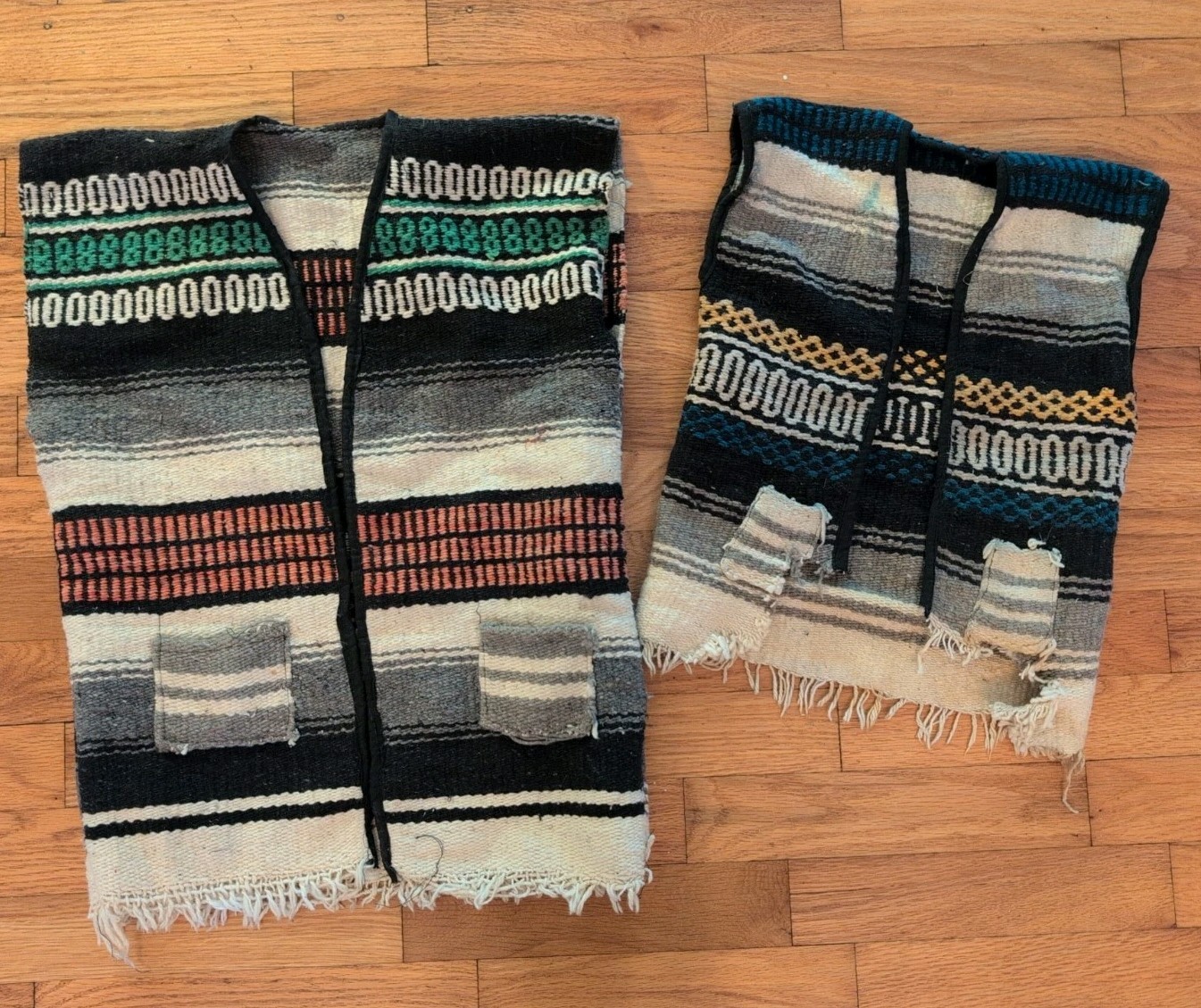 VINTAGE Handmade Mexican Blanket Vest Ponchos Lot Serape Fringe with Pockets Kid