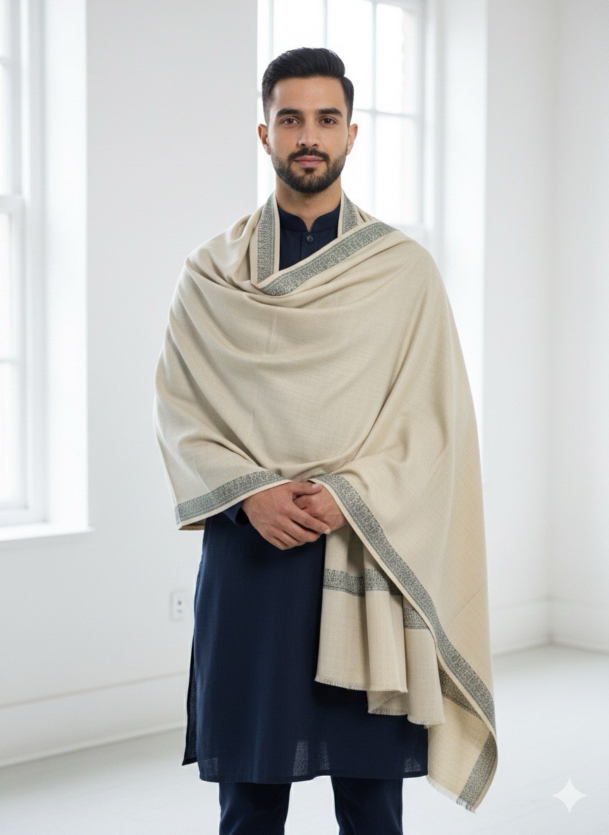 Handmade Men’s Shawl with Embroidered Border – Black, Navy Blue, Beige