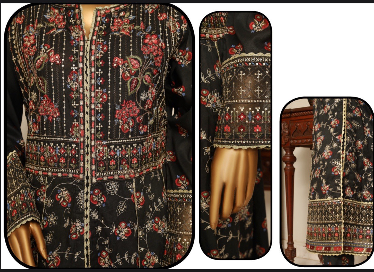 Black Pakistani Cotton Salwar Kameez with Floral Embroidery & Dupatta for Women