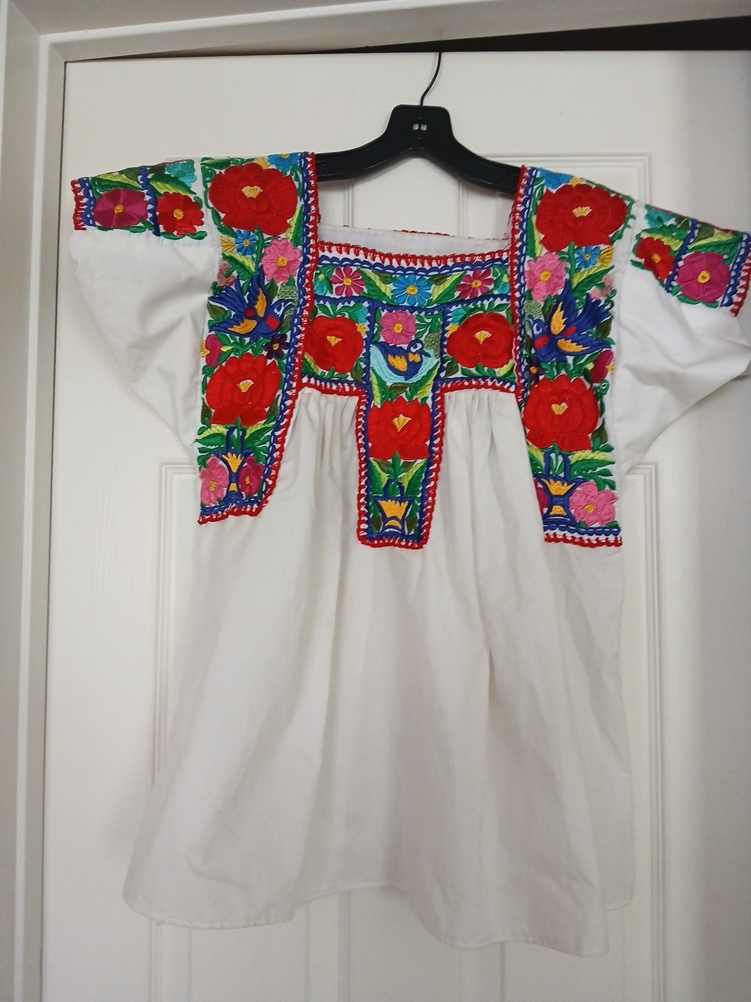 Vtg Mexican Huipil Top Hand Embroidered Floral Bird Oaxaca Boho Ethnic Black M