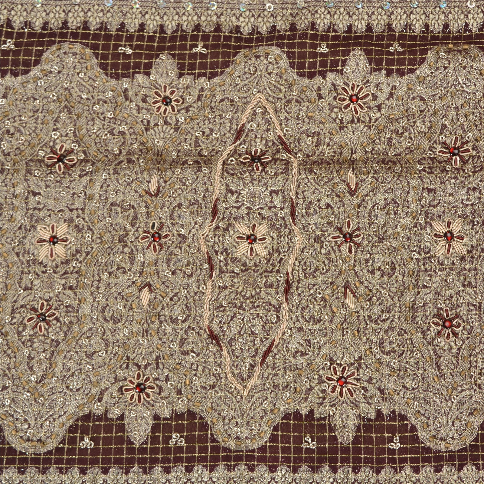 Sanskriti Vintage Sarees Brown Georgette Hand Beaded Zari Brocade Sari 6Ydfabric
