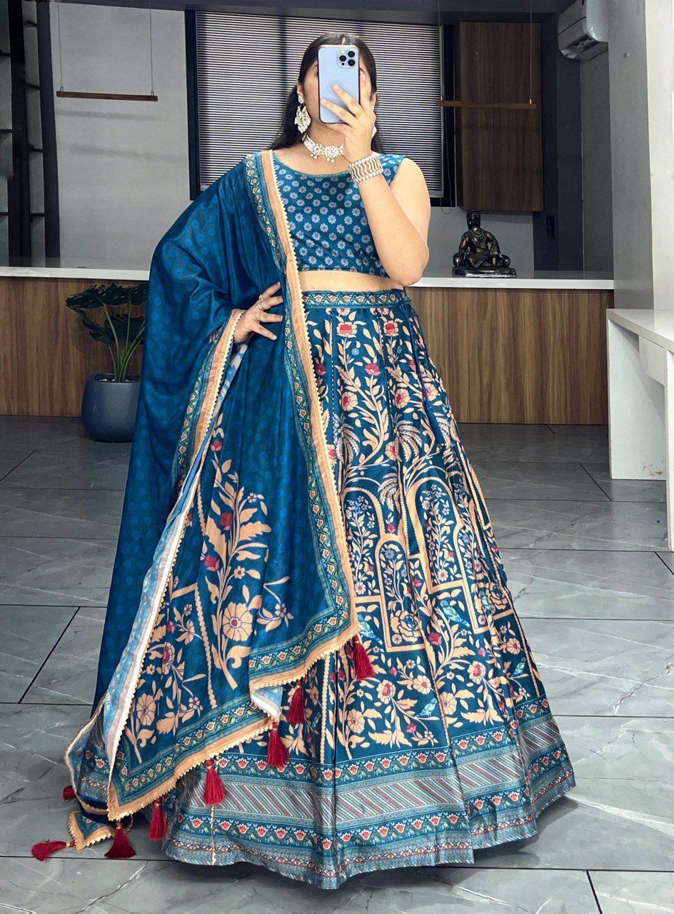 Art Silk Lehenga Choli Dupatta Set Printed Gota Patti Work Wedding Festive Wear