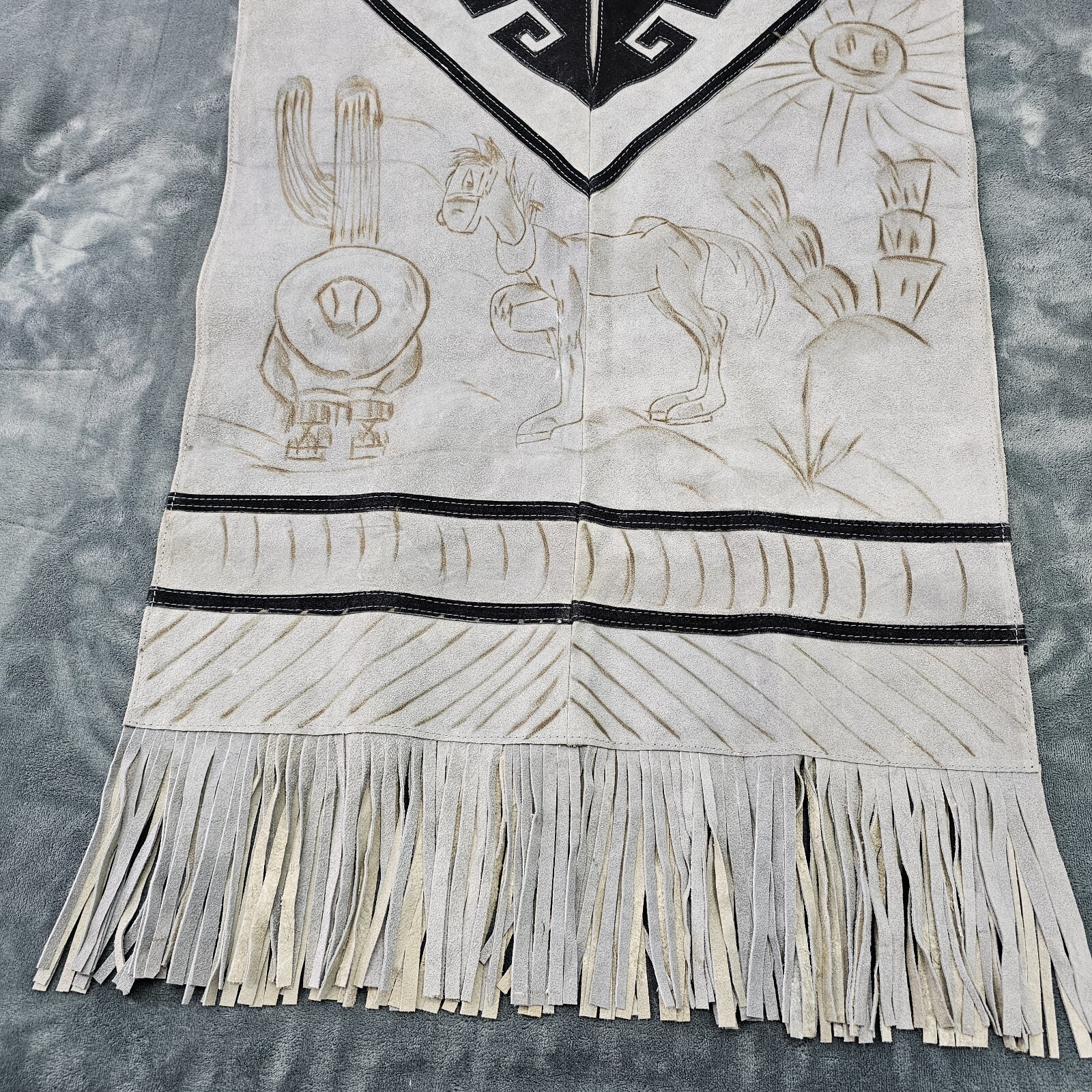 Authentic Genuine Mexican Leather Suede Handmade Poncho Donkey Cactus Fringed
