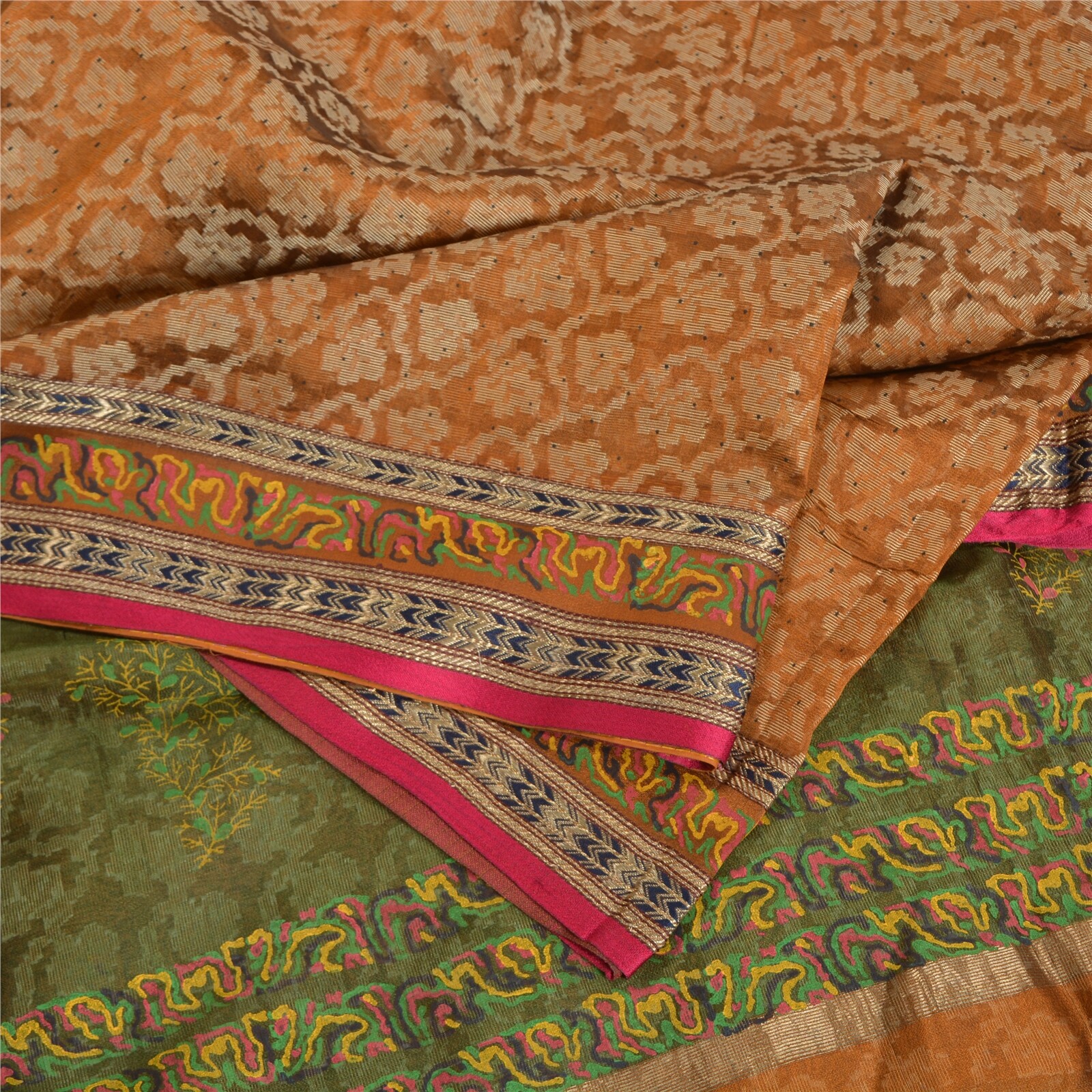 Sanskriti Vintage Orange/Green Sarees Pure Silk Woven Brocade Zari Sari Fabric