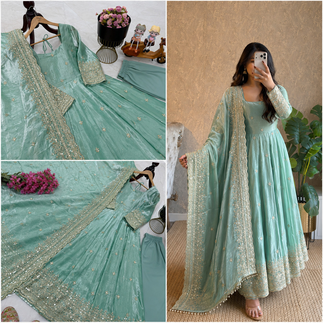 Sky Blue Fendy Silk Ready Made Designer Embroidered Anarkali Suit Party Wear XXL