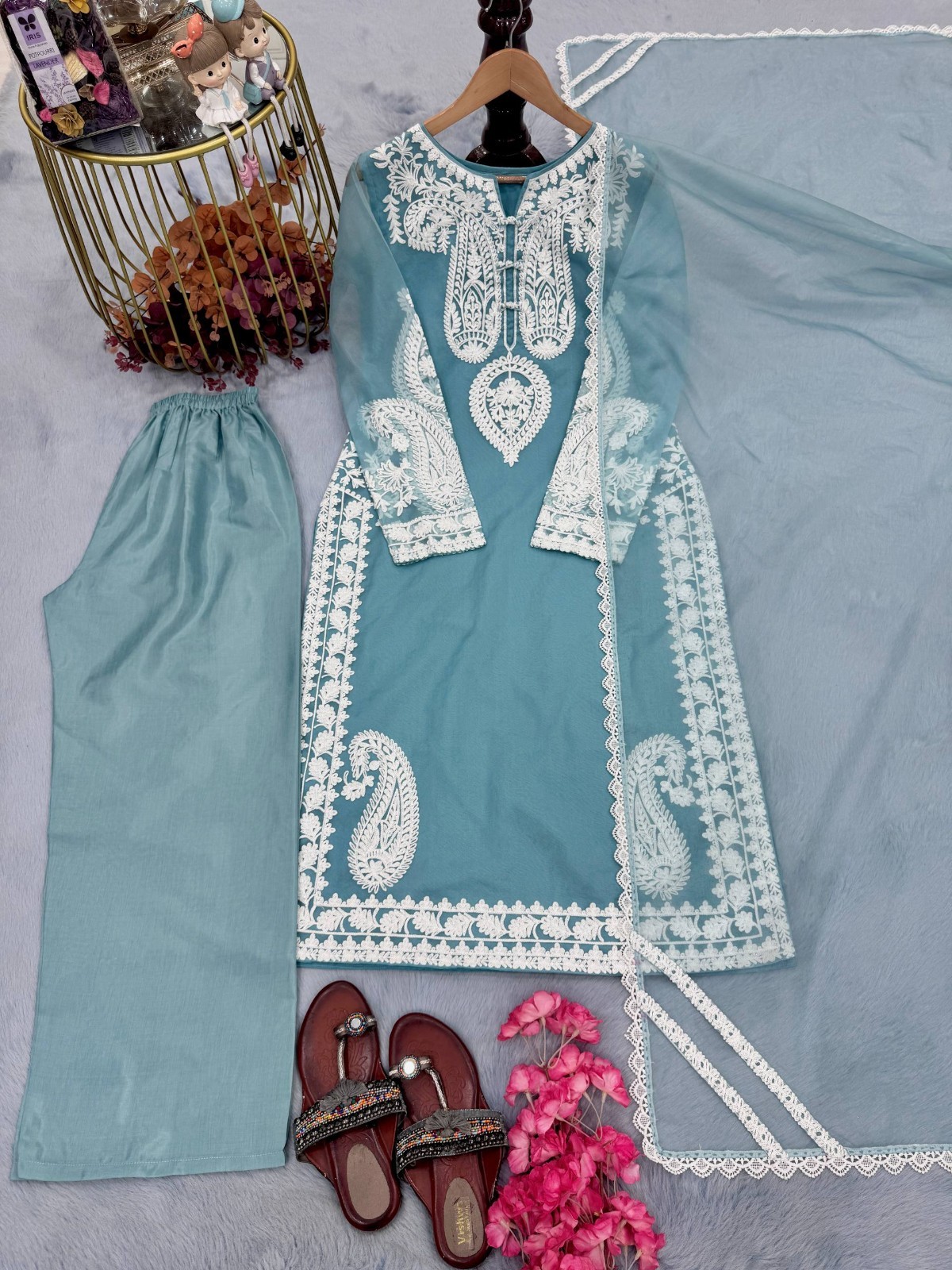 Latest Organza Silk Sky Blue Kurta Palazzo With Dupatta For Festive Wear