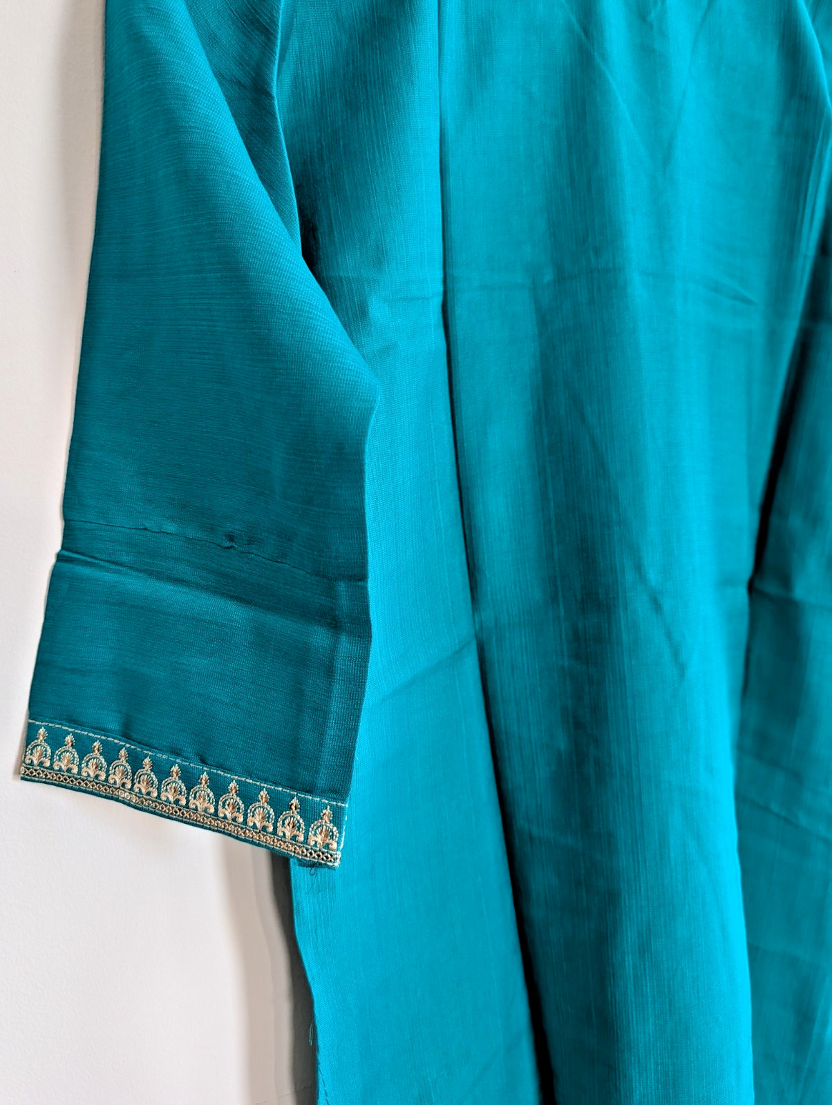 Kurta Kurti Top Tunic Teal Sequin Embroidery V-Neck Cotton Party Festive Wear XL
