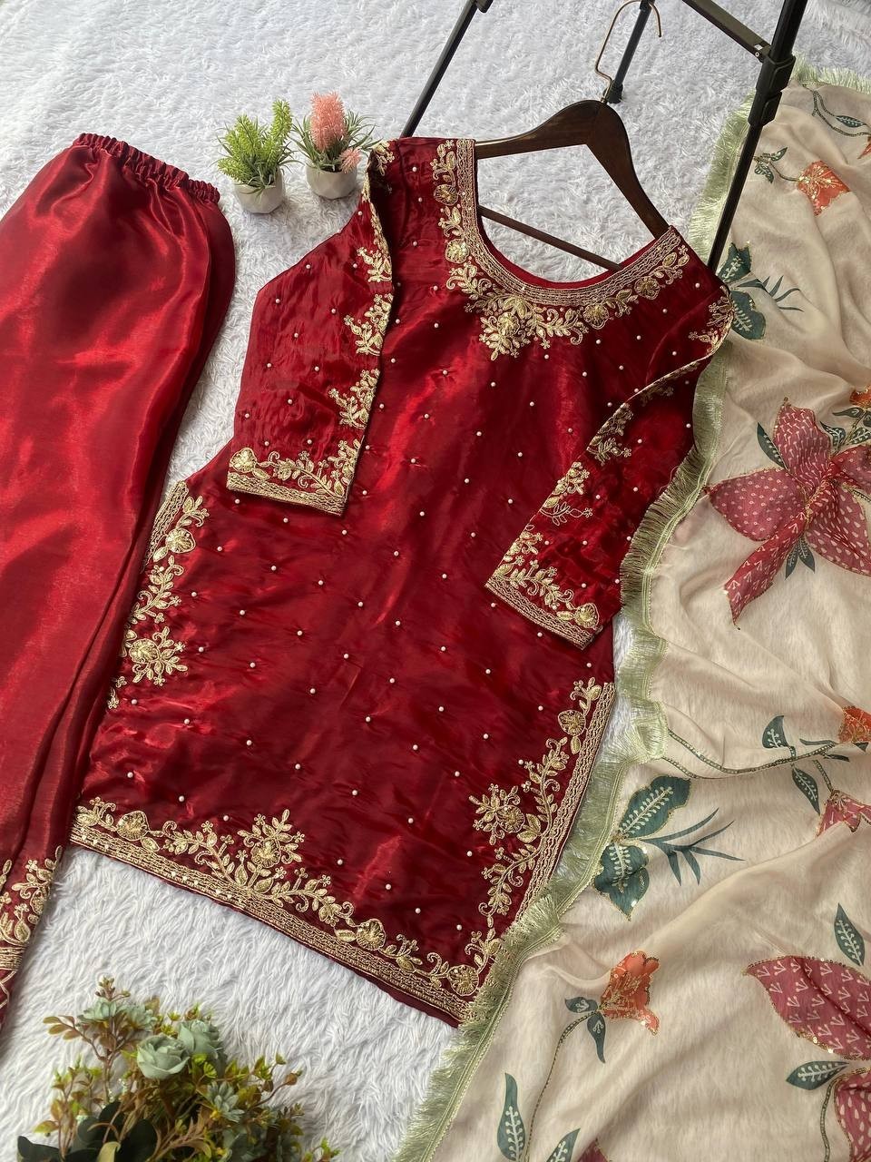 Latest New Heavy Silk Kurta Palazzo With Tebby Organza Dupatta For Women