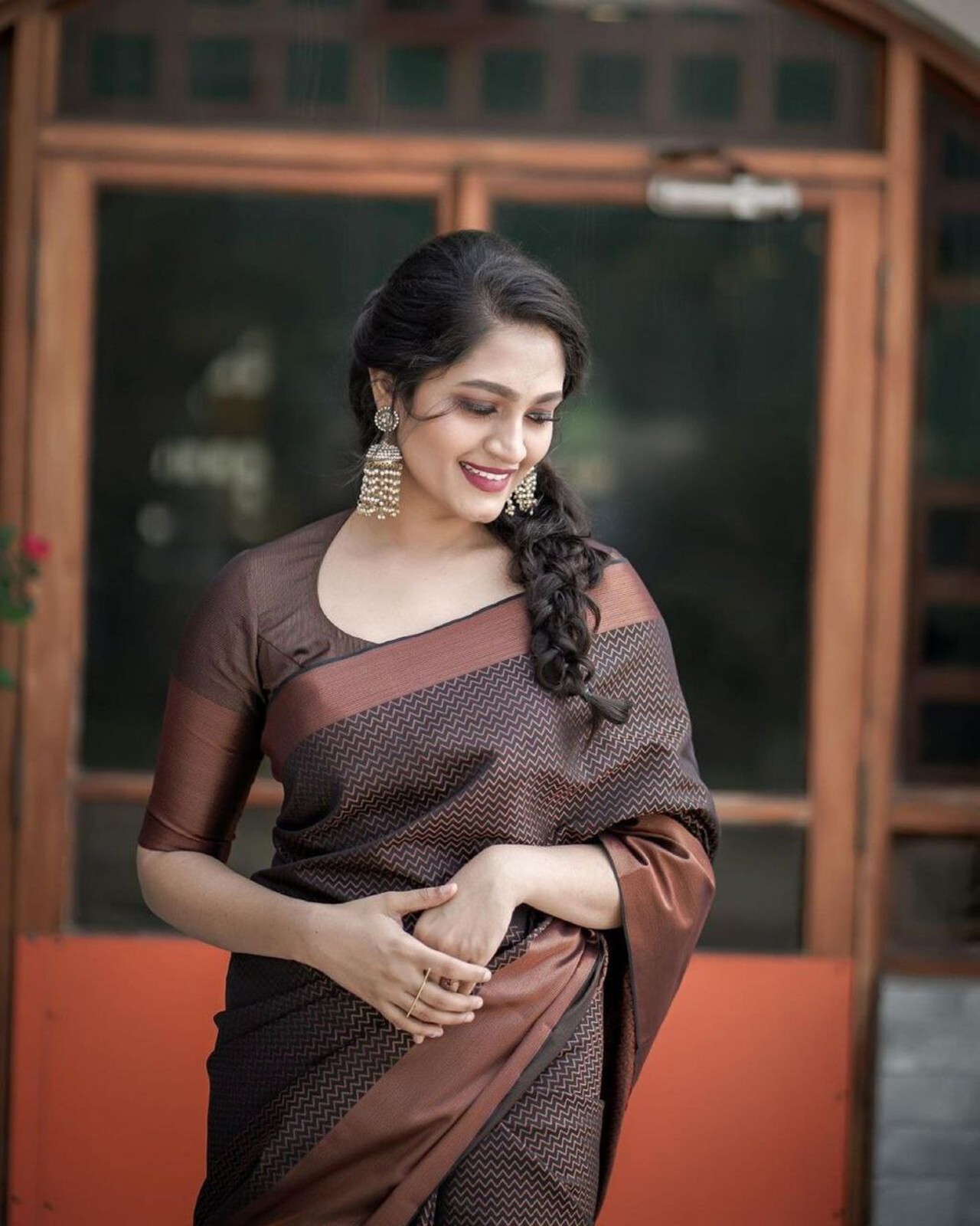 Areca Designer Copper Zigzag Brown Silk saree blouses women Saree Cut 5.5 Meter