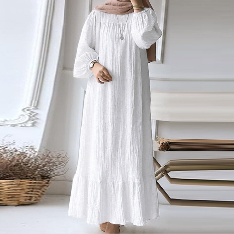 Women Dress Muslim Abaya Loose Burqa Long Sleeved Lady Plain Color Flounce Dress