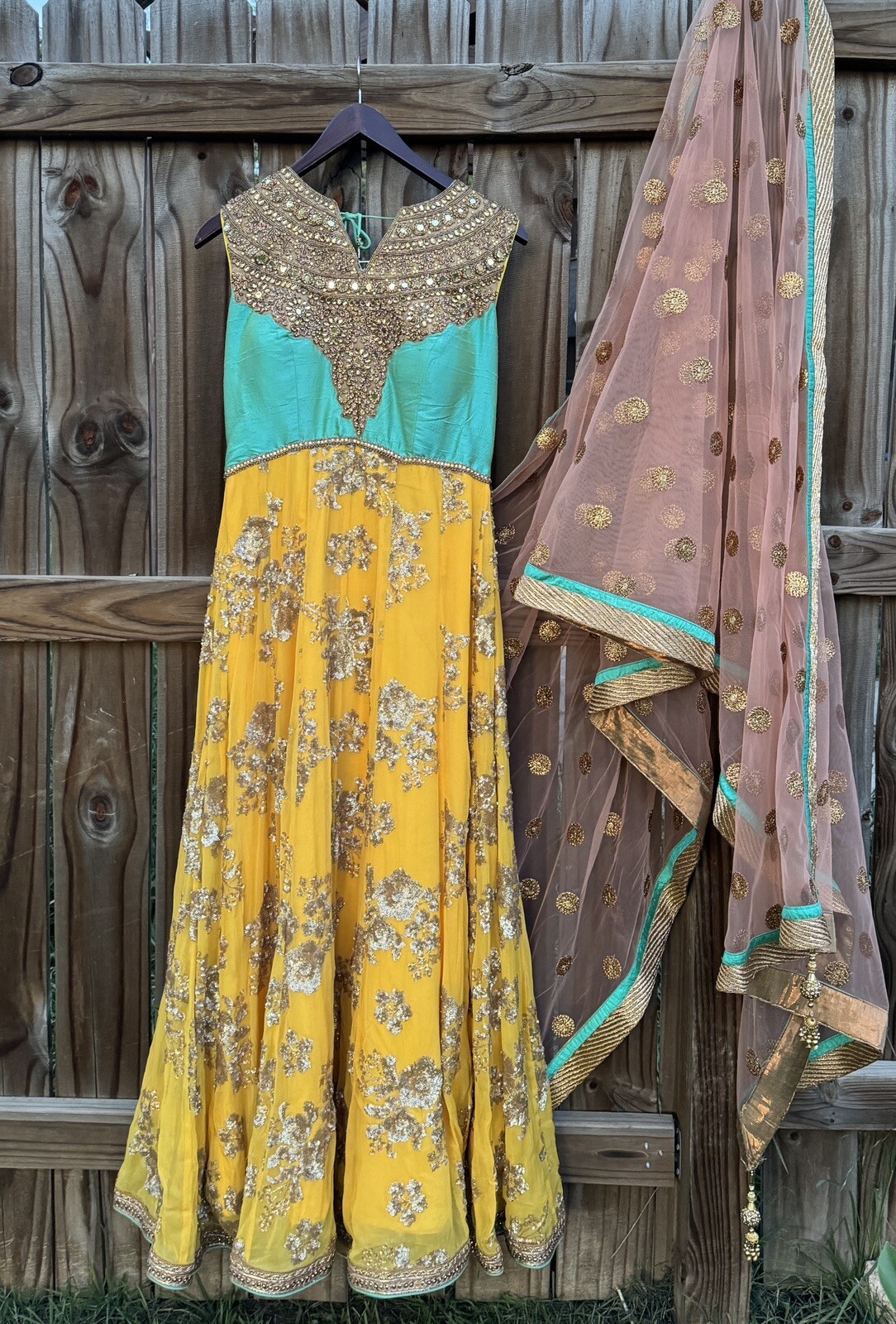 Women’s Anarkali Suit – Yellow & Teal With Peach Pajami/Sequenced – Size S (40)
