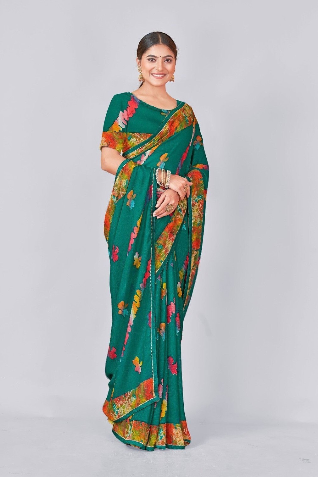 Printed Bandhani Chiffon Saree With Stitched Blouse (Green)
