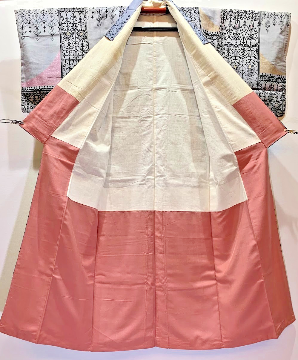Vintage Silk Komon Kimono Abstract Pink Gold XS Tsumugi 24.2in Yuki Japan Retro
