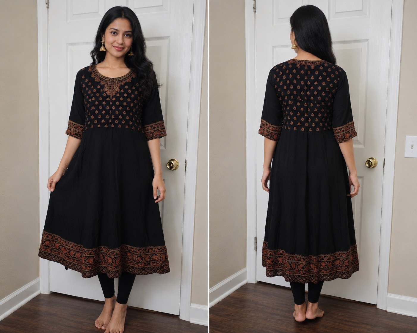 Women’s Black & Gold Embroidered Anarkali Kurta Dress, Rayon, Size M