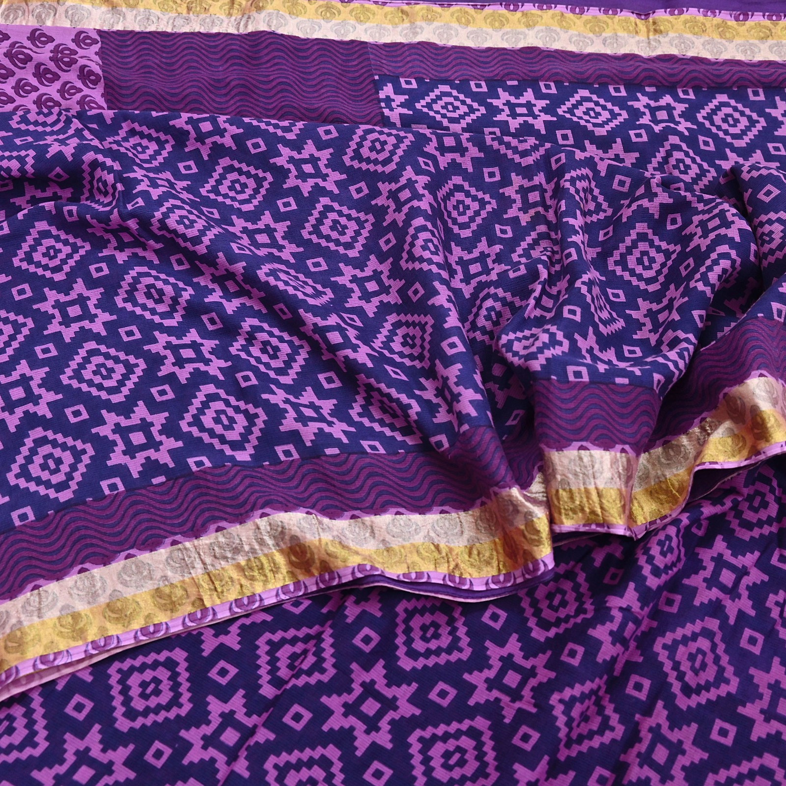 Indian Vintage Sari Blue & Purple Printed Pure Cotton Sarees Craft Fabric 5Yd