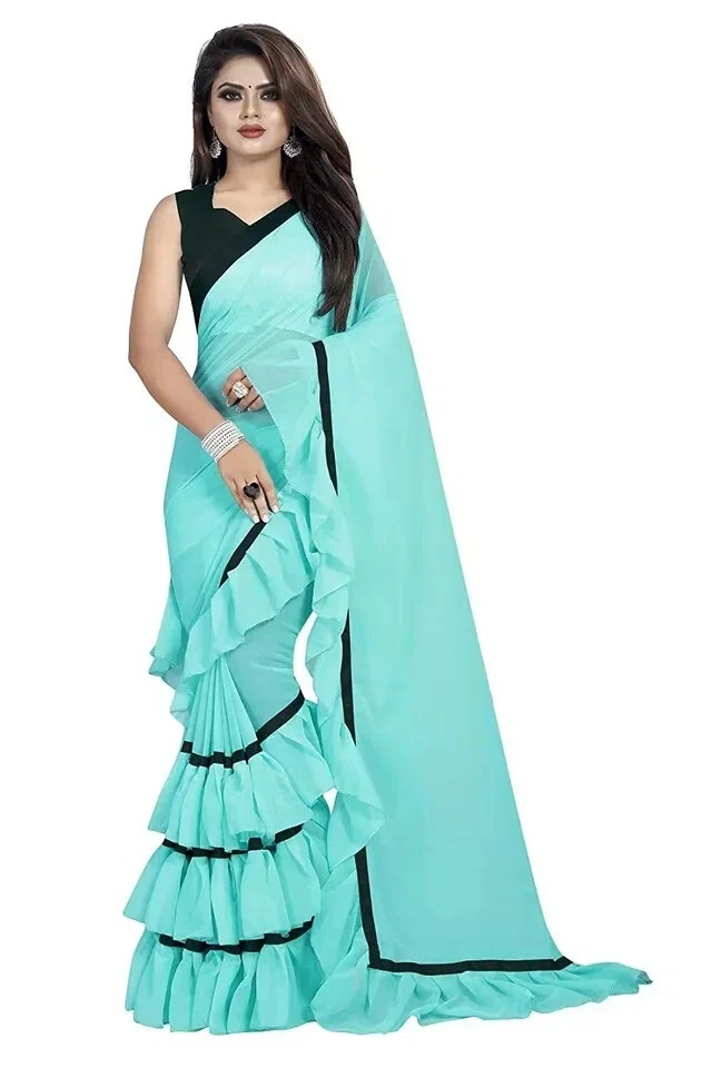Women’s Plain Georgette Ruffle Saree Blouse Casual &Formal Sari Firozi 1 Pcs Set