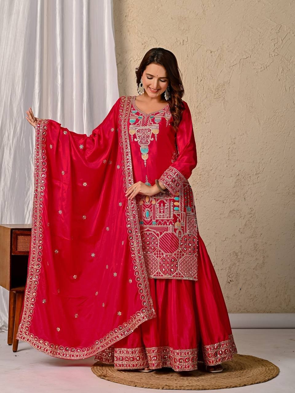 Women’s Party Wear Heavy Natural Chinnon Crepe Suit Stitched Salwar Kameez Set