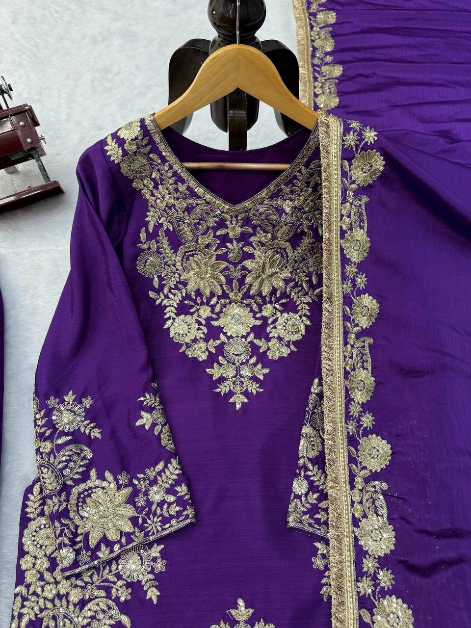 Premium Designer Purple Chinnon Silk Kurta Palazzo With Dupatta For Women