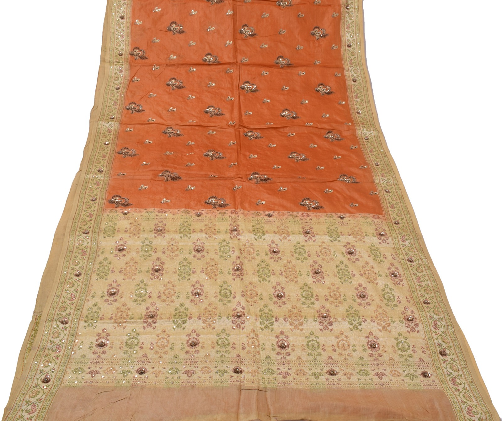 Sushila Vintage Rust Saree Pure Tussar Silk Woven&Hand Beaded Floral Sari Fabric