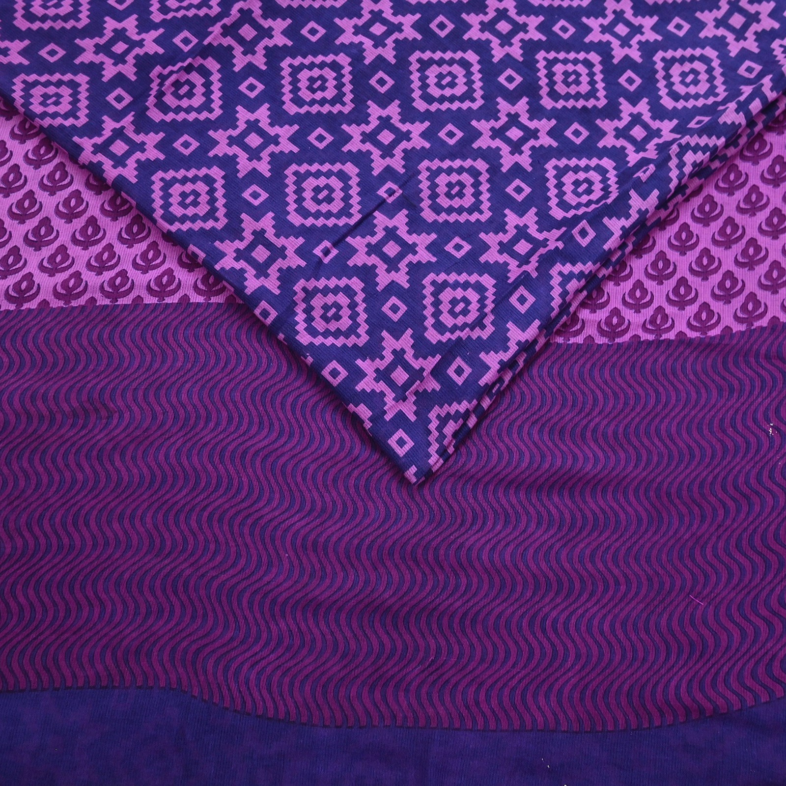Indian Vintage Sari Blue & Purple Printed Pure Cotton Sarees Craft Fabric 5Yd
