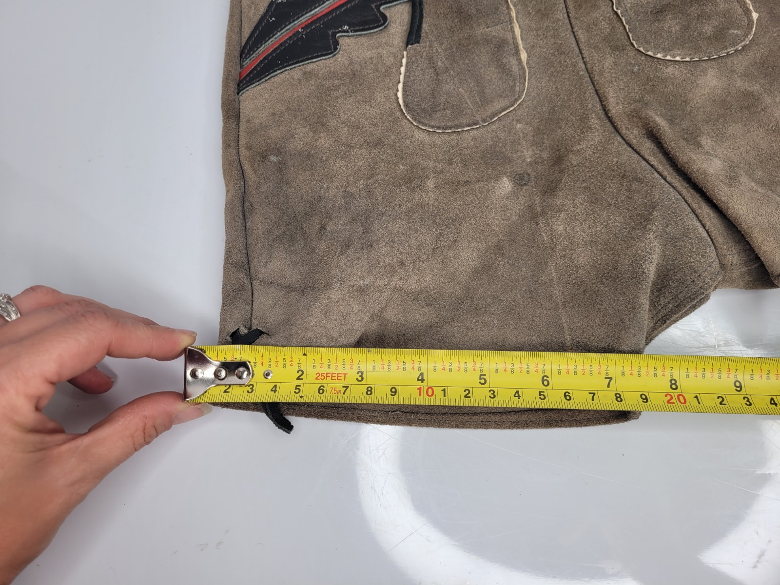 Vintage Youth Kids Lederhosen Short Suspenders Grey Red & Brown Leather Trim