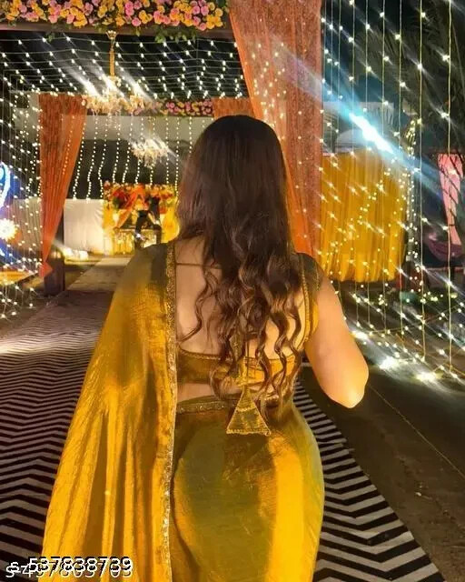 latest design party wear soft chiffon silk fabrics saree golden colour saree