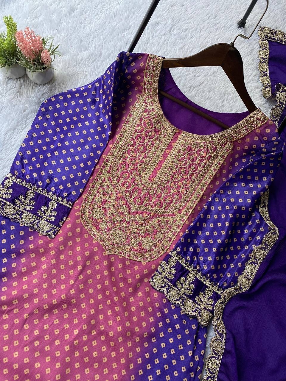 Indian Designer Printed Chinnon Salwar Kameez With Dupatta For Women