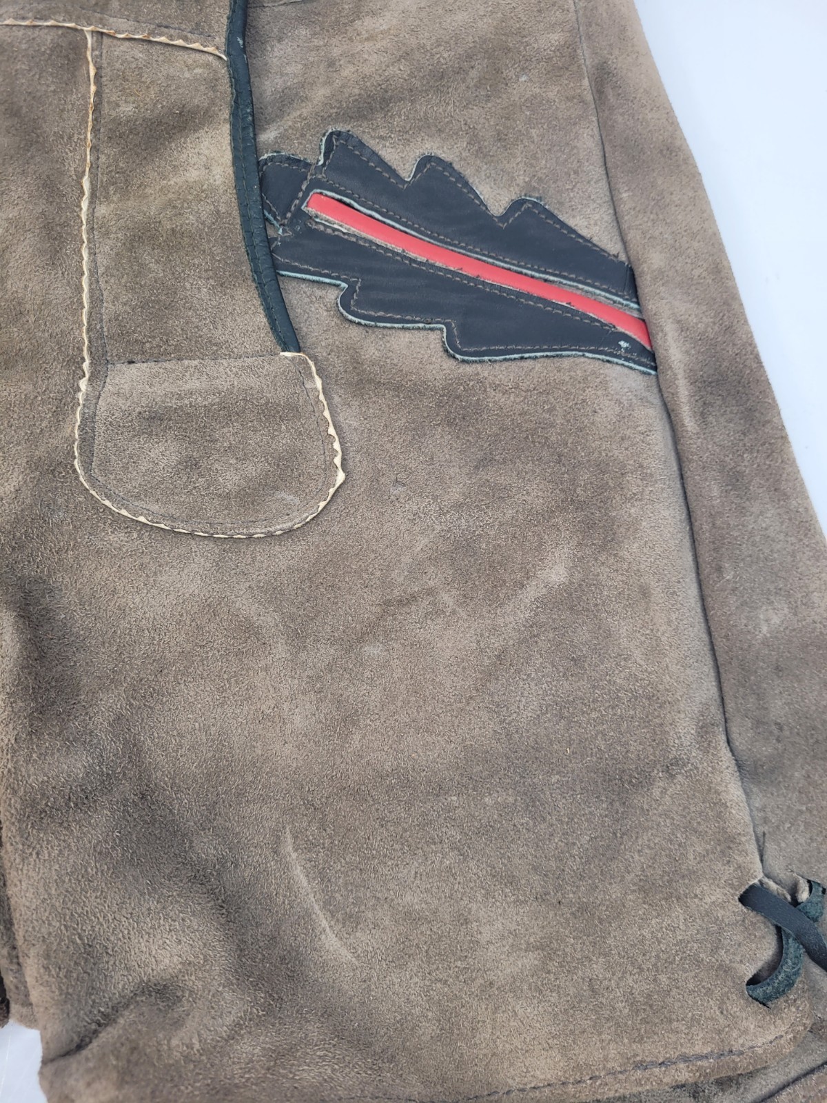 Vintage Youth Kids Lederhosen Short Suspenders Grey Red & Brown Leather Trim
