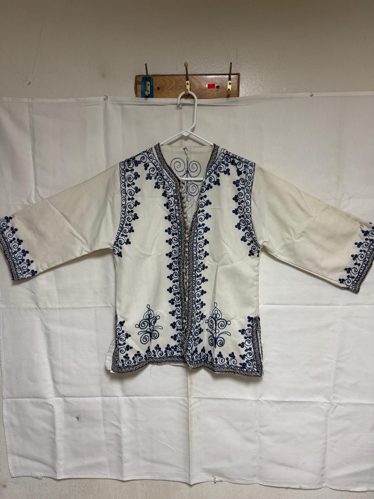 White Blue Embroidered European Cotton Jacket Top Unisex Adult