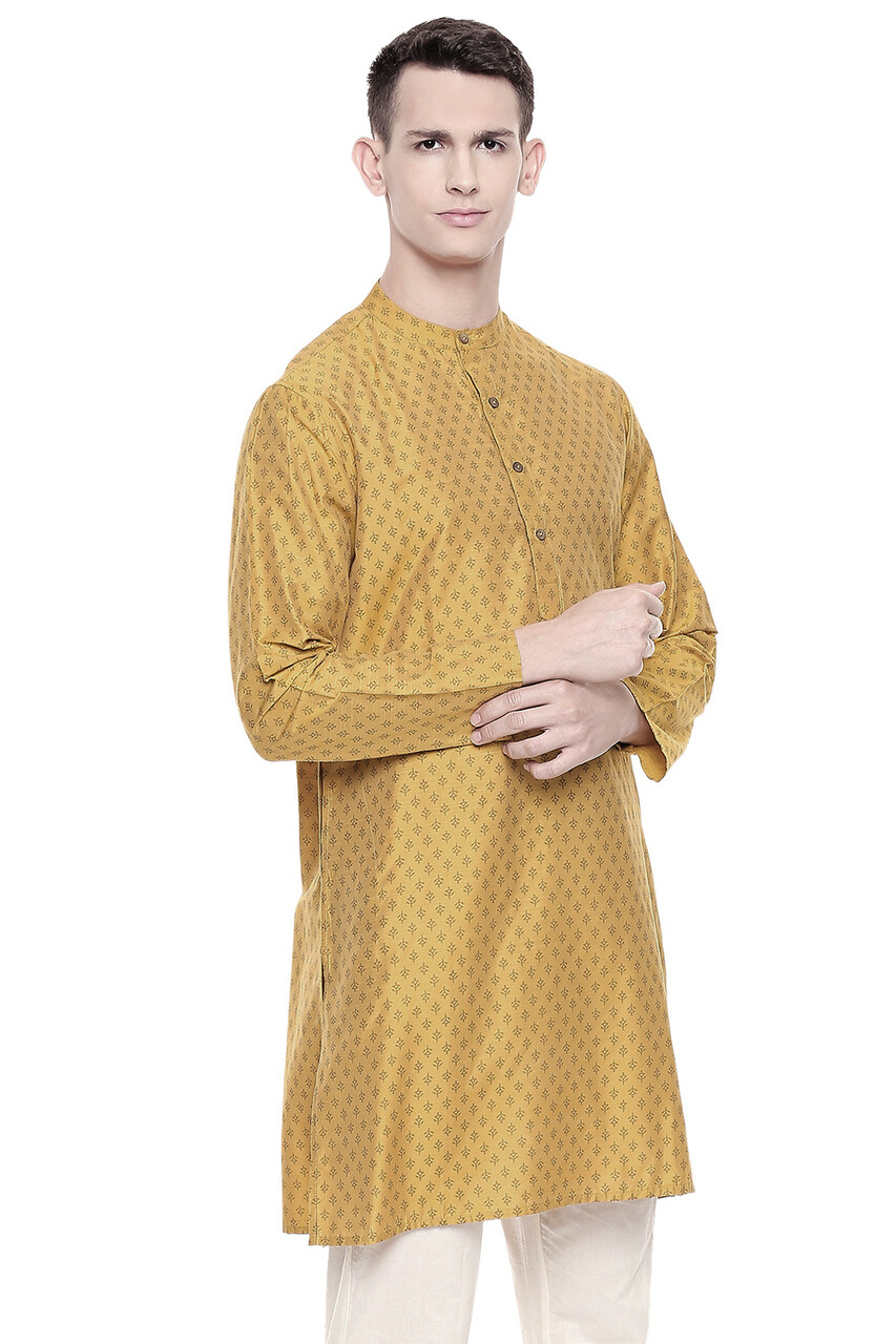 In-Sattva Men’s Mandarin Collar Micro Dobby Fine Print Mustard Kurta Tunic