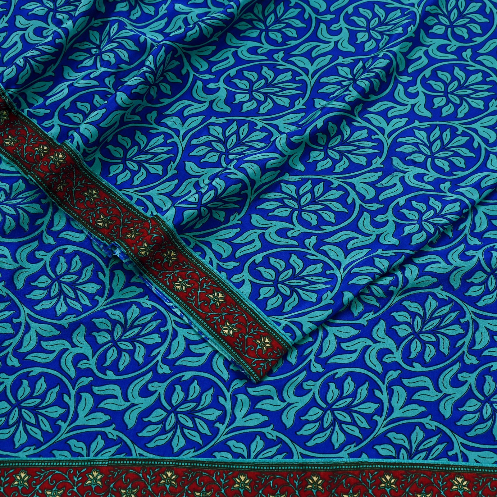 Vintage Green & Blue Saree Moss Crepe Printed Sari 5yd Sewing Paisley Fabric