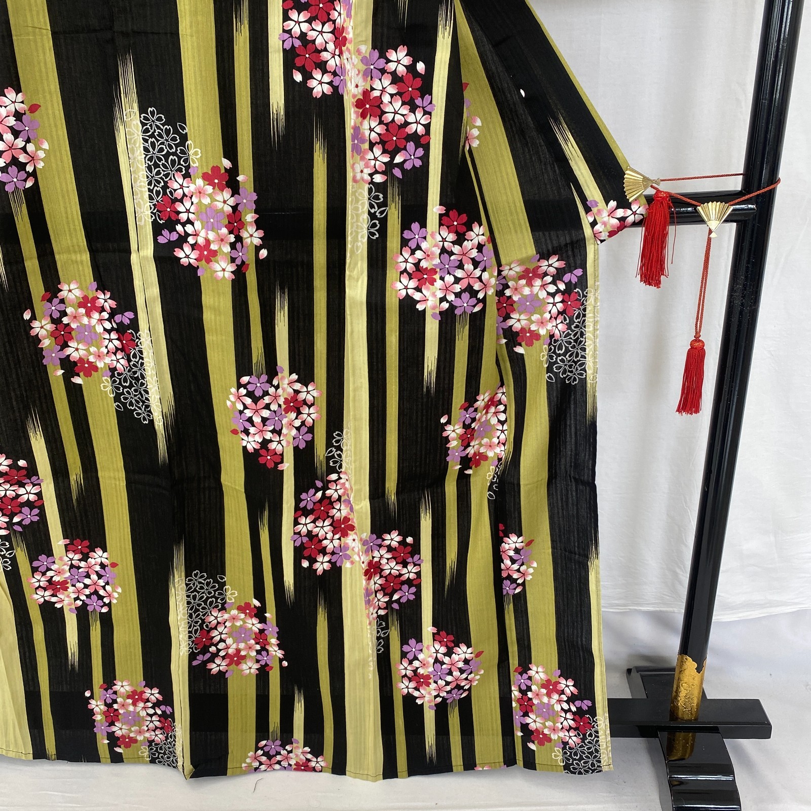 Japanese Vintage Kimono Yukata Cotton Black No Lining Traditional Length 63 in