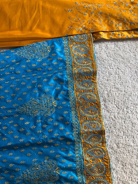 Women salwar Kameez Dress Kurti Pants Scarf 3 pcs Kurta Blue Mustard Sz M