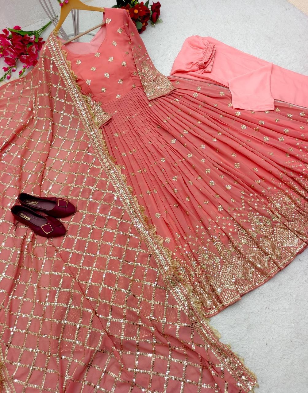 Attractive Heavy Faux Georgette Peach Gown Bottom With Dupatta For Party Wear