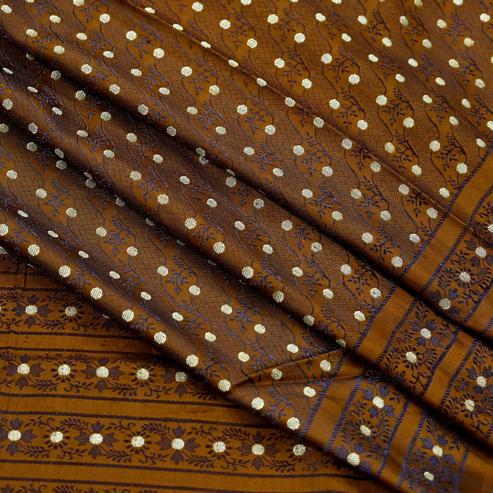 Vintage Sari Golden Brown Heavy Pure Satin Silk Woven Banarasi Tanchoi Saree 5Yd