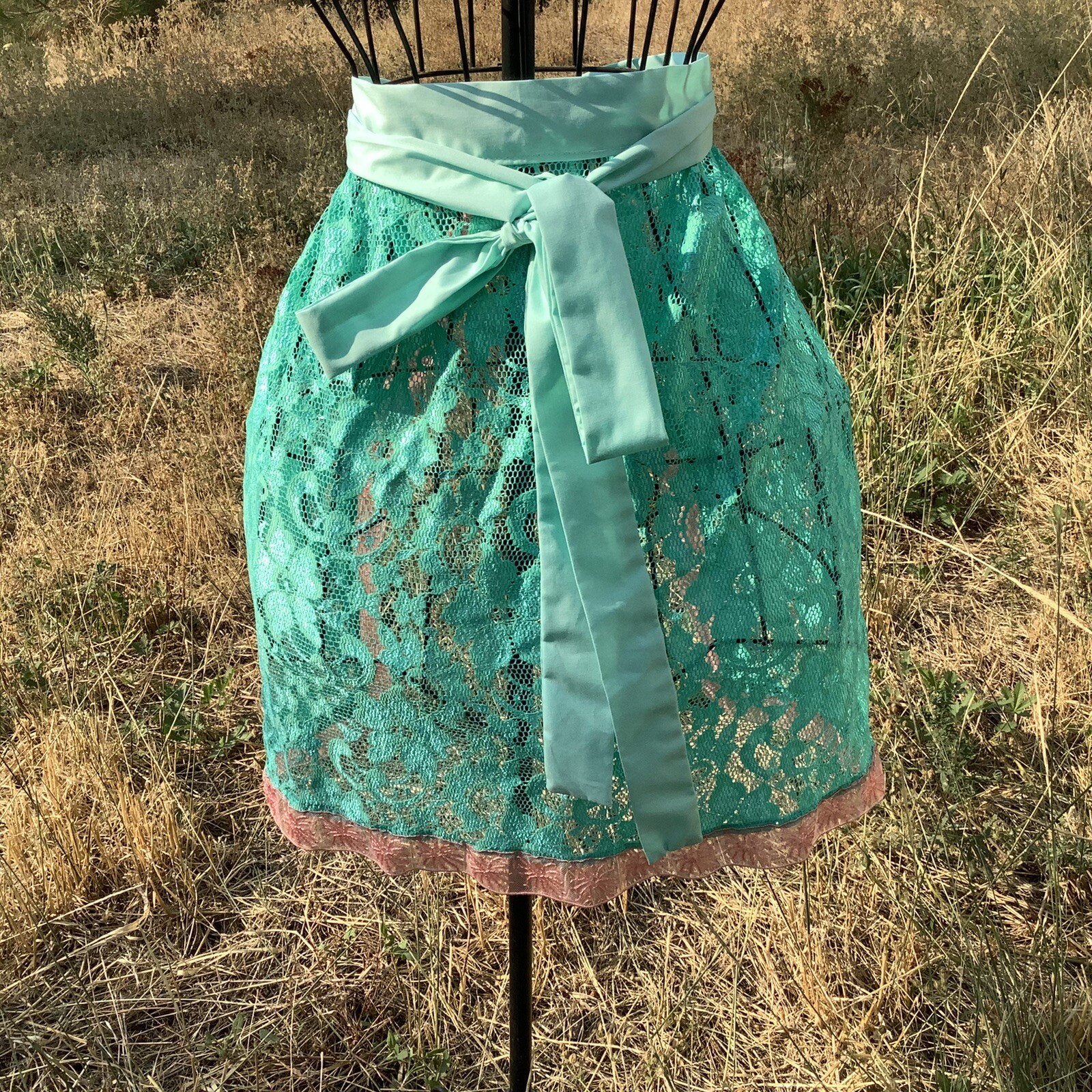 Aqua Green LACE APRON for Dirndl German Hostess EX Long Ties Oktoberfest Plus Sz