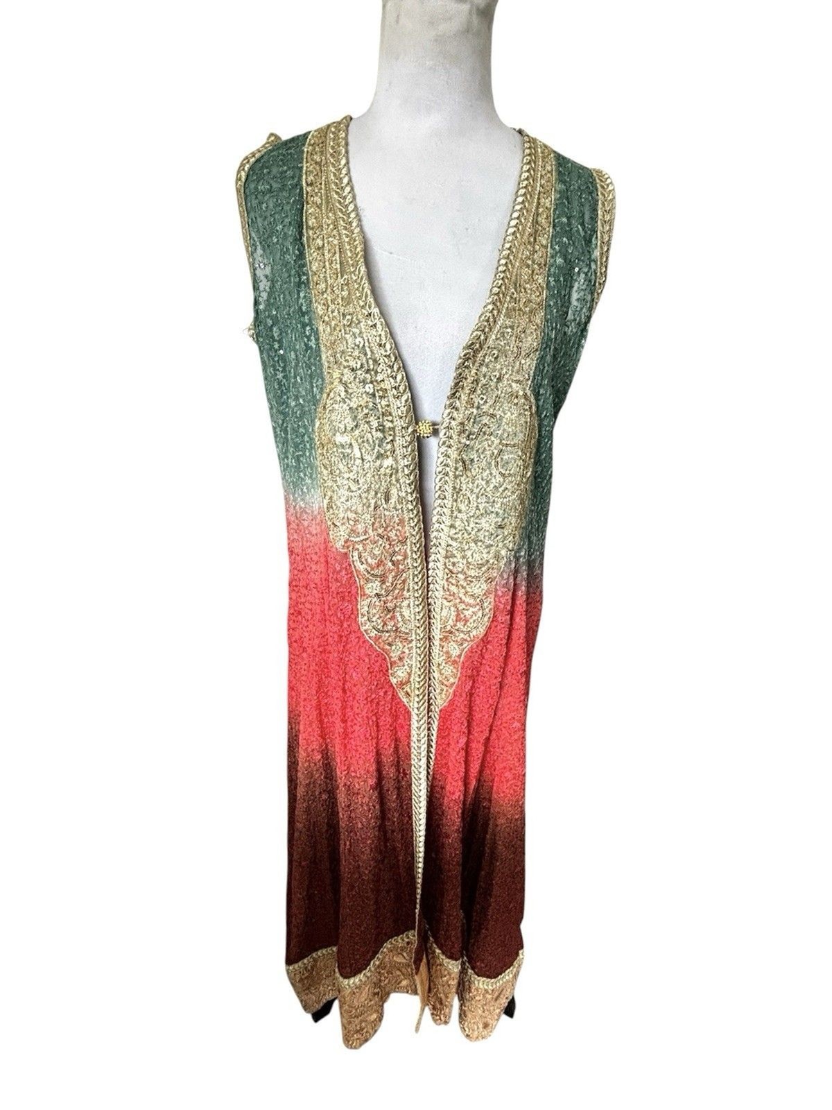 Indian Long Vest Embellished Sequins Sheer Embroidered Ombre Gold Boho Festival