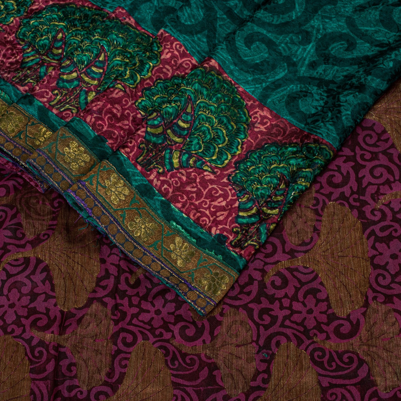 Sanskriti Vintage Purple -Green 100%Pure Crepe Saree Woven Printed 5.5+Yd Fabric