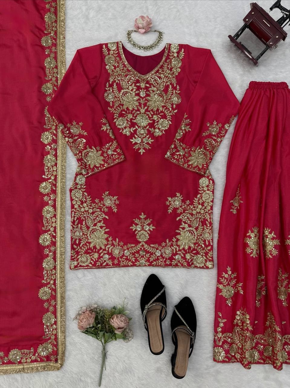 Latest New Chinon Silk Pink Top Palazzo With Dupatta For Wedding Wear