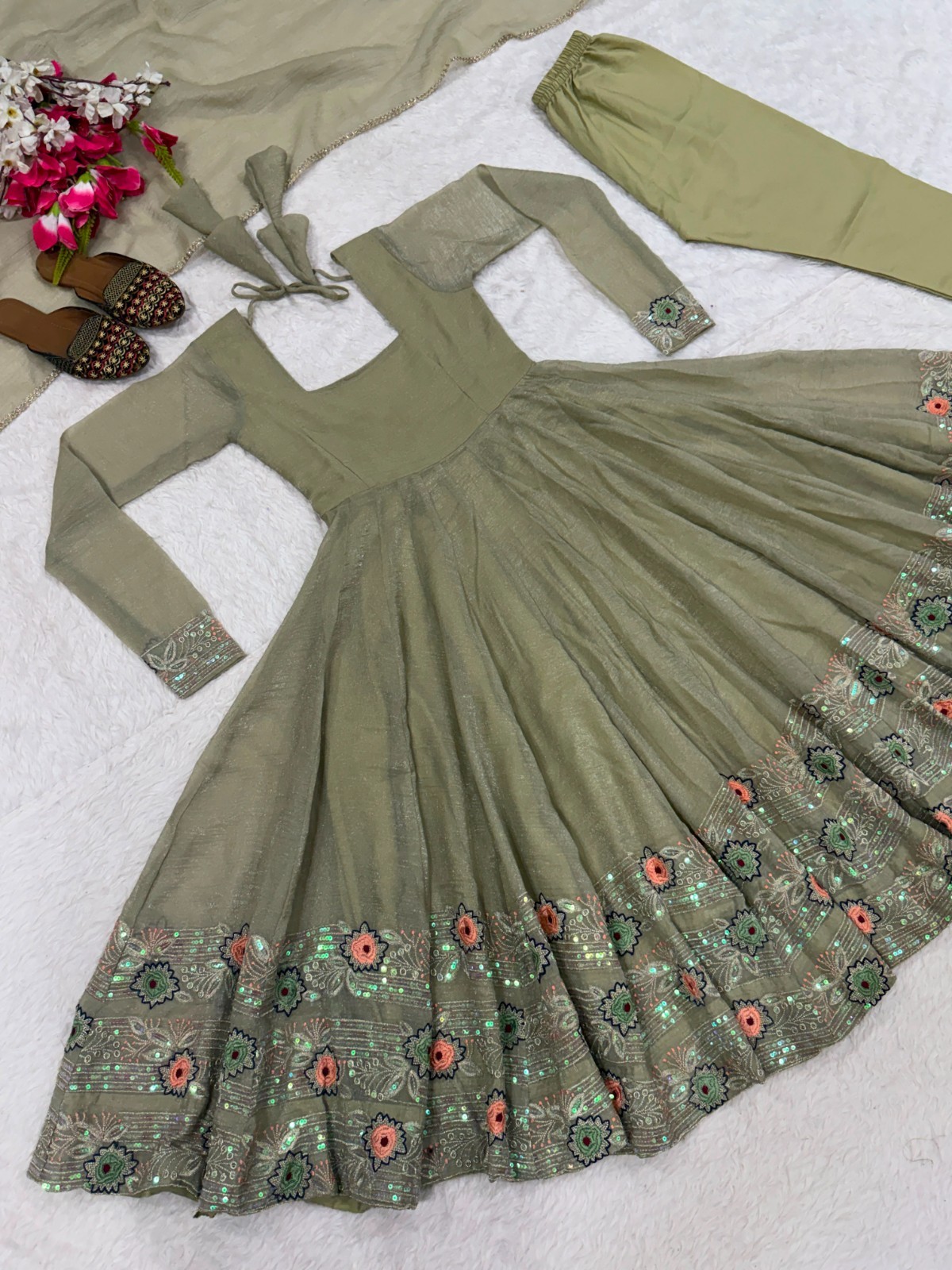 Latest Crunchy Silk Sage Green Gown Bottom With Dupatta For Indian Festive Wear