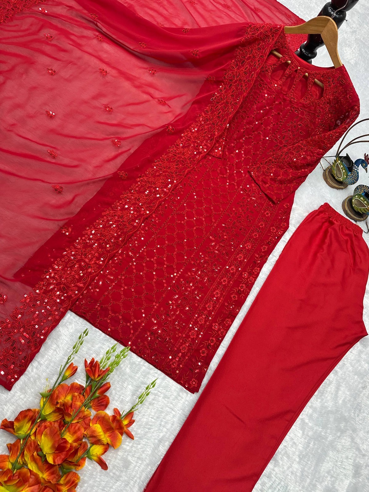 Beautiful Faux Georgette Red Salwar Kameez With Dupatta For Women Party Wear